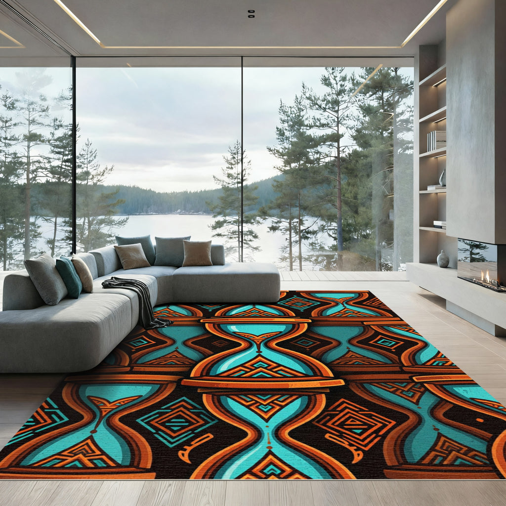 Teal Orange Hourglass Tribal Pattern Rug