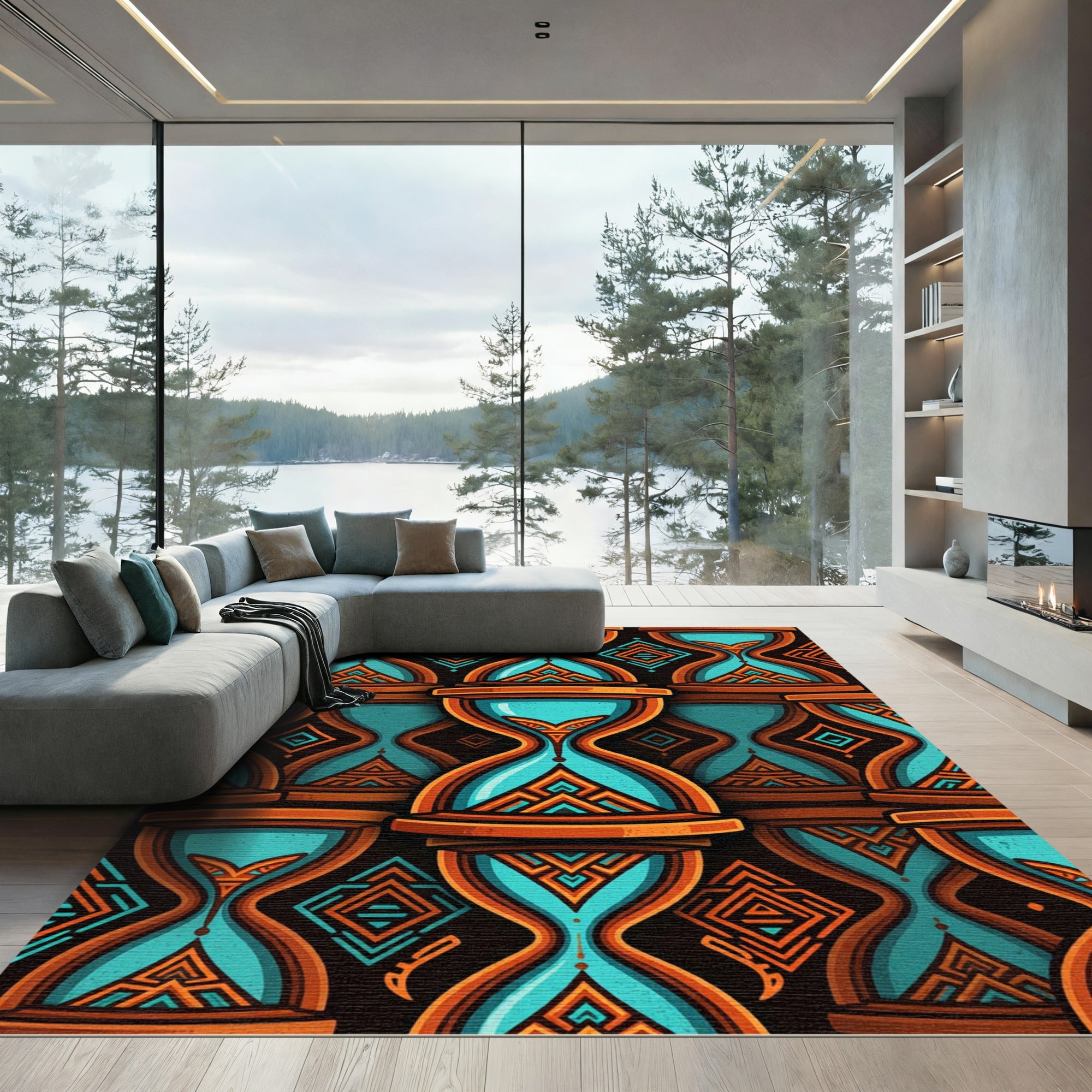 Teal Orange Hourglass Tribal Pattern Rug