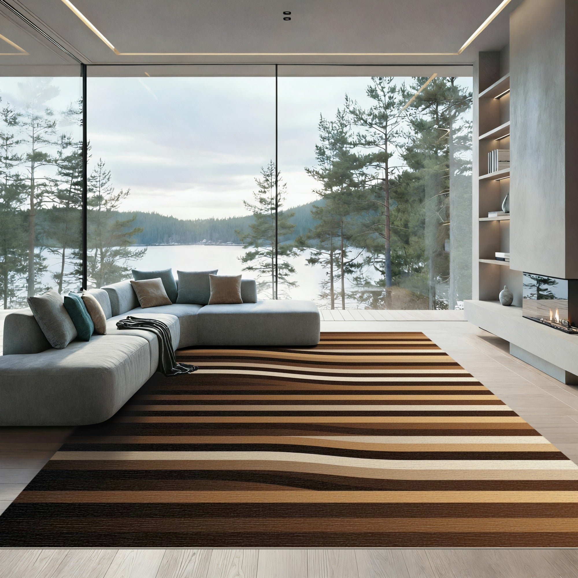 Minimalist Earth Toned Wavy Striped Rug