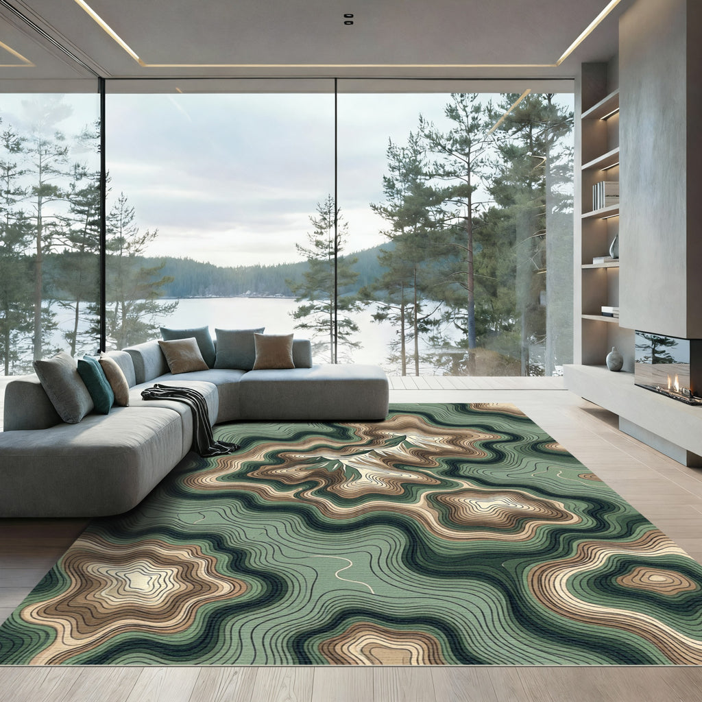 Earthy Green Topographic Contour Rug