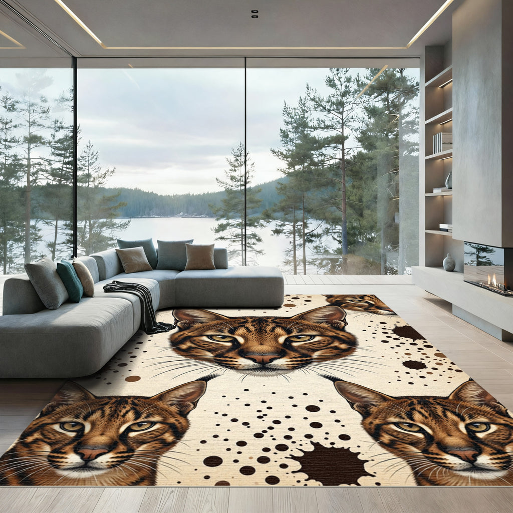 Brown Lynx Heads Splattered Background Rug
