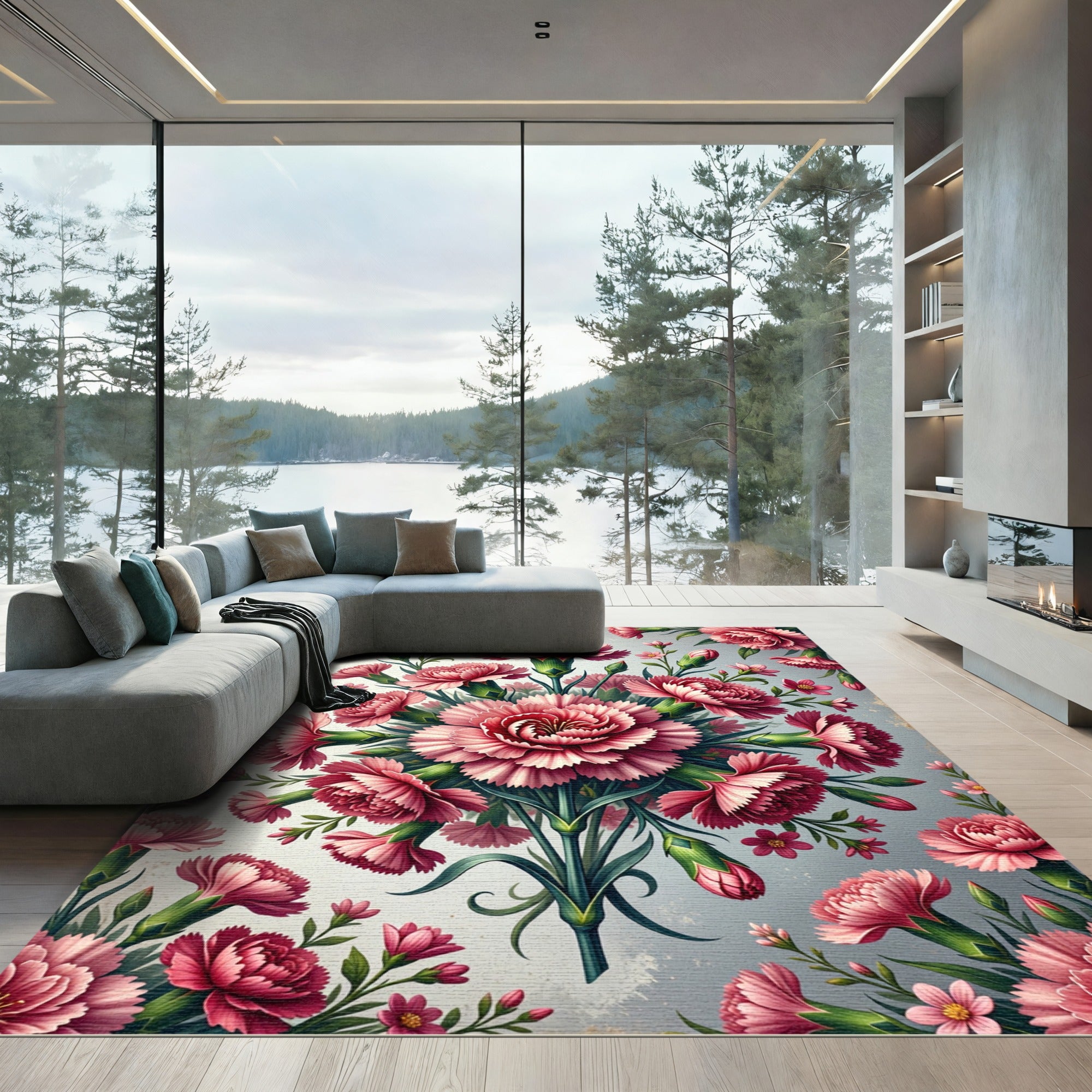 Pink Carnation Floral Botanical Arrangement Rug