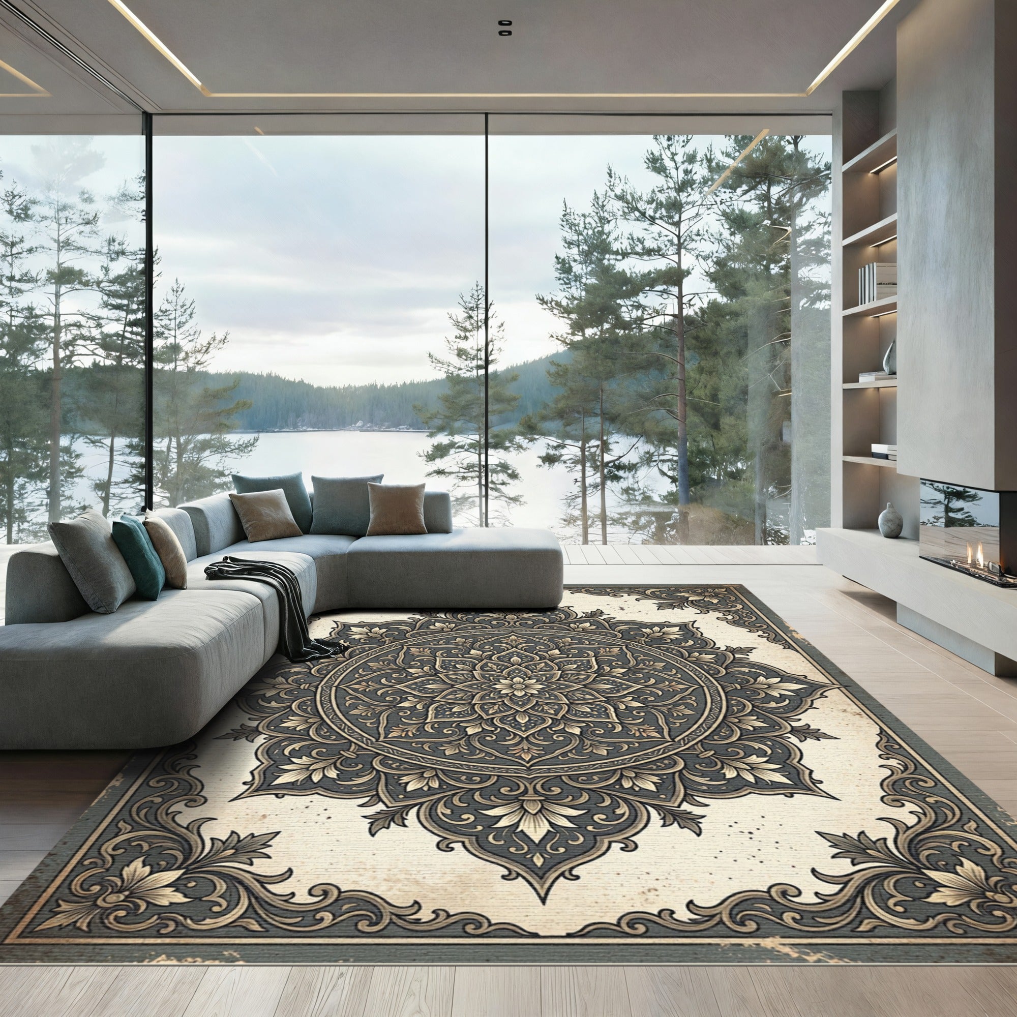 Elegant Slate Floral Damask Medallion Rug