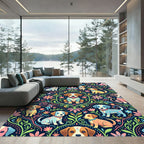 Whimsical Floral Puppy Folk Art Rug