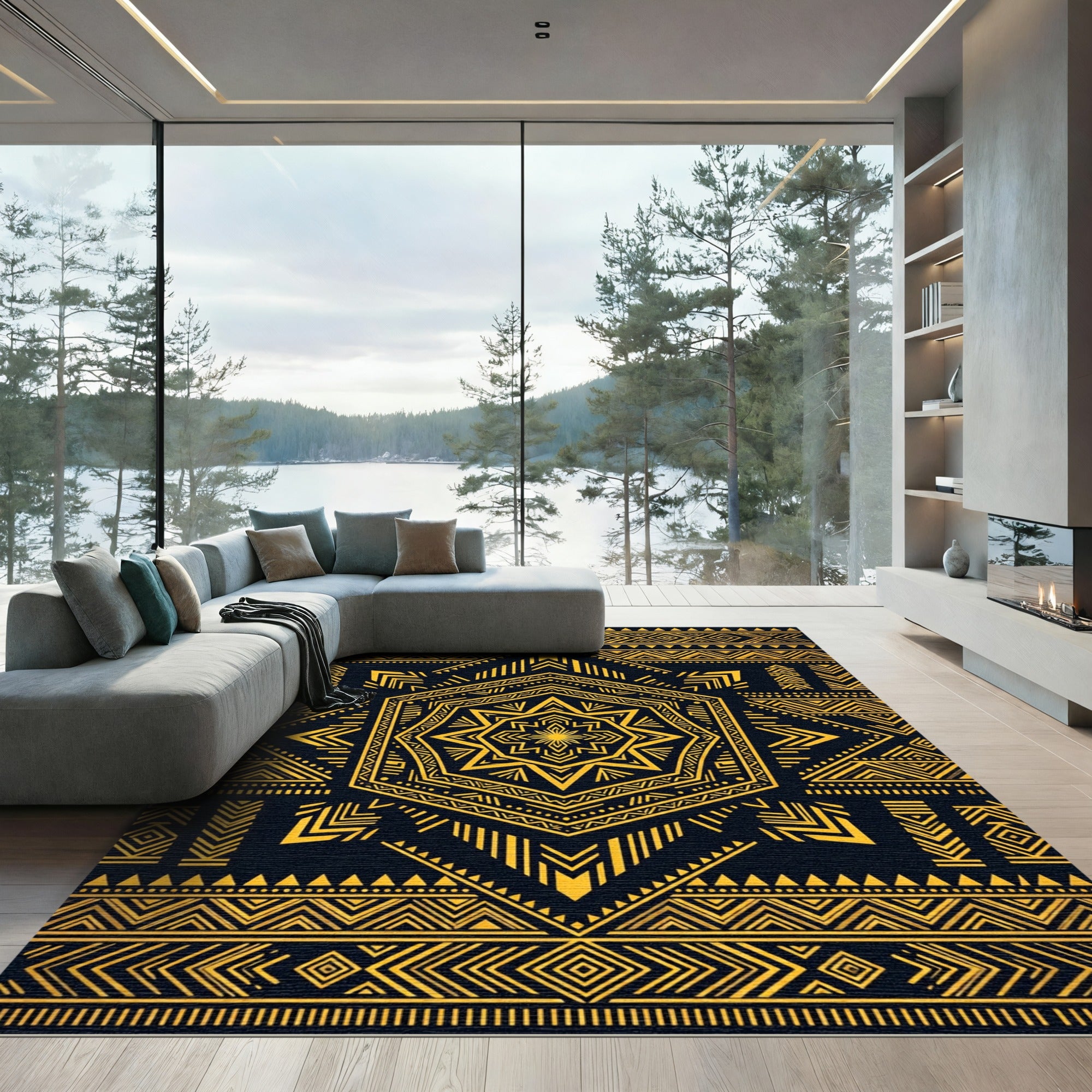 Gold Geometric Hexagon Tribal Art Rug