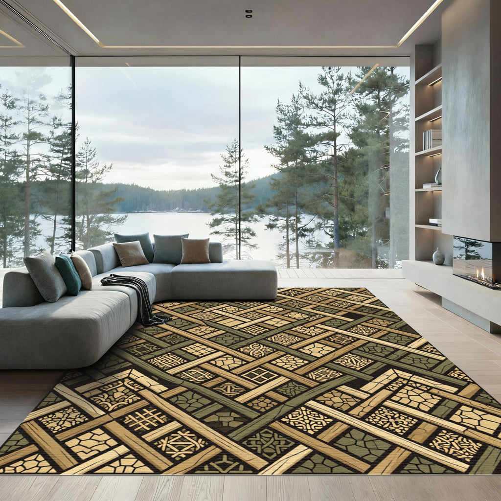 Earthy Olive Geometric Woven Lattice Rug