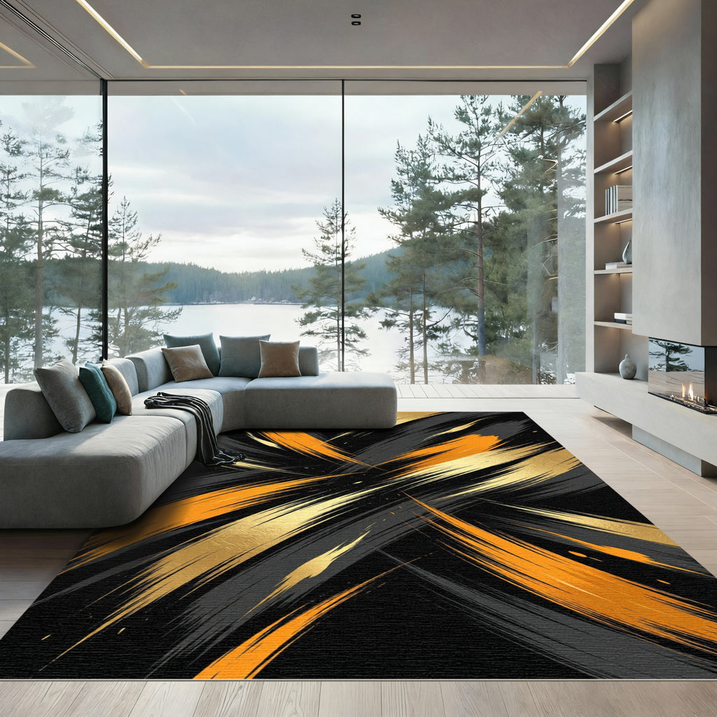 Vibrant Orange Gold Brush Stroke Rug