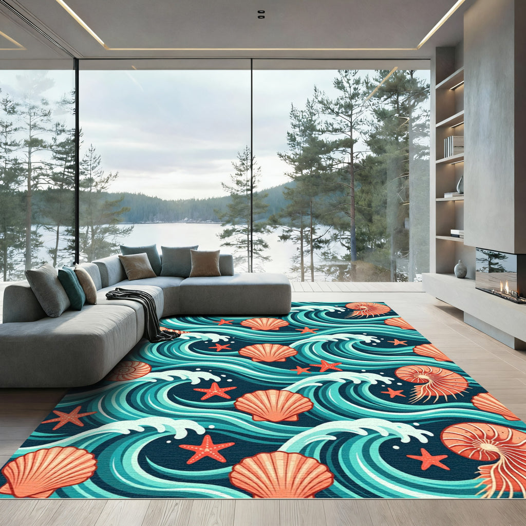 Coastal Seashell and Teal Ocean Wave Rug