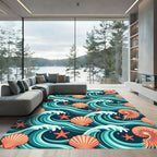 Coastal Seashell and Teal Ocean Wave Rug