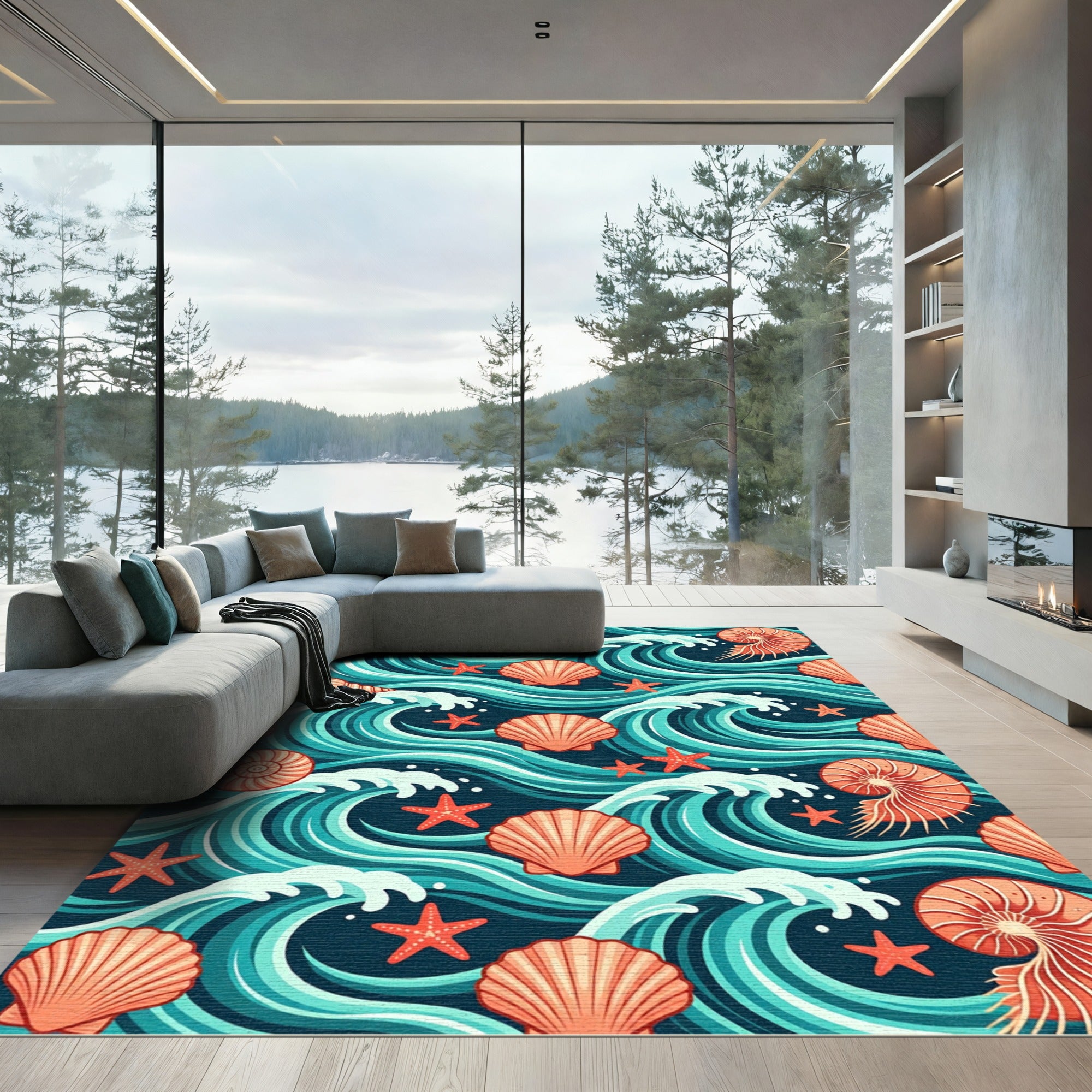 Coastal Seashell and Teal Ocean Wave Rug