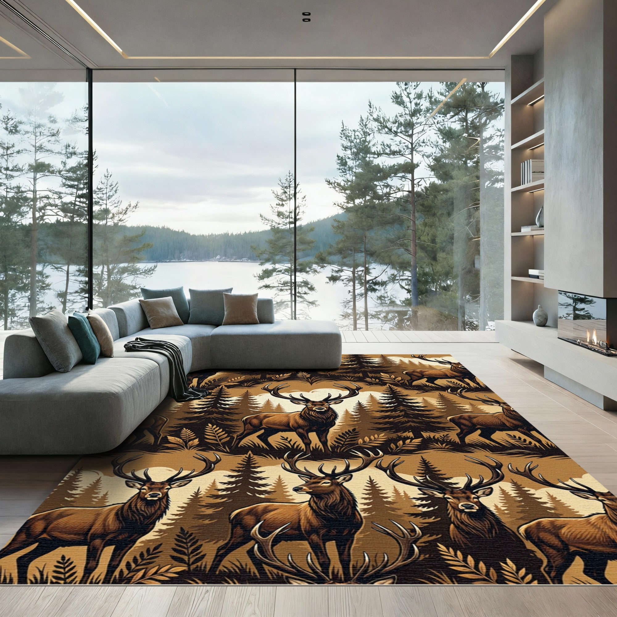 Rustic Forest Deer Woodland Silhouette Rug