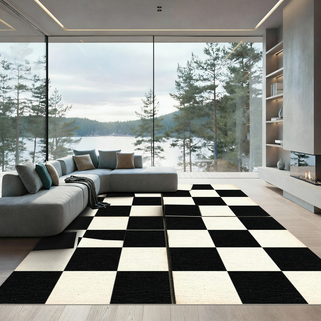 Monochrome Abstract Geometric Checkerboard Square Rug