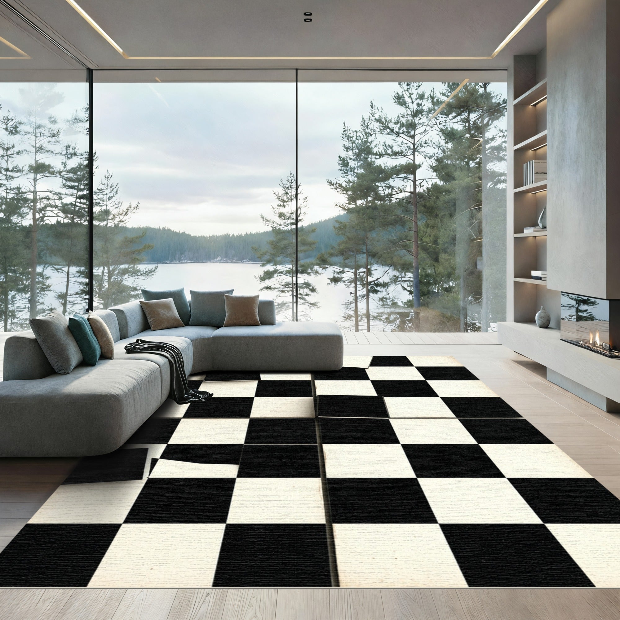 Monochrome Abstract Geometric Checkerboard Square Rug