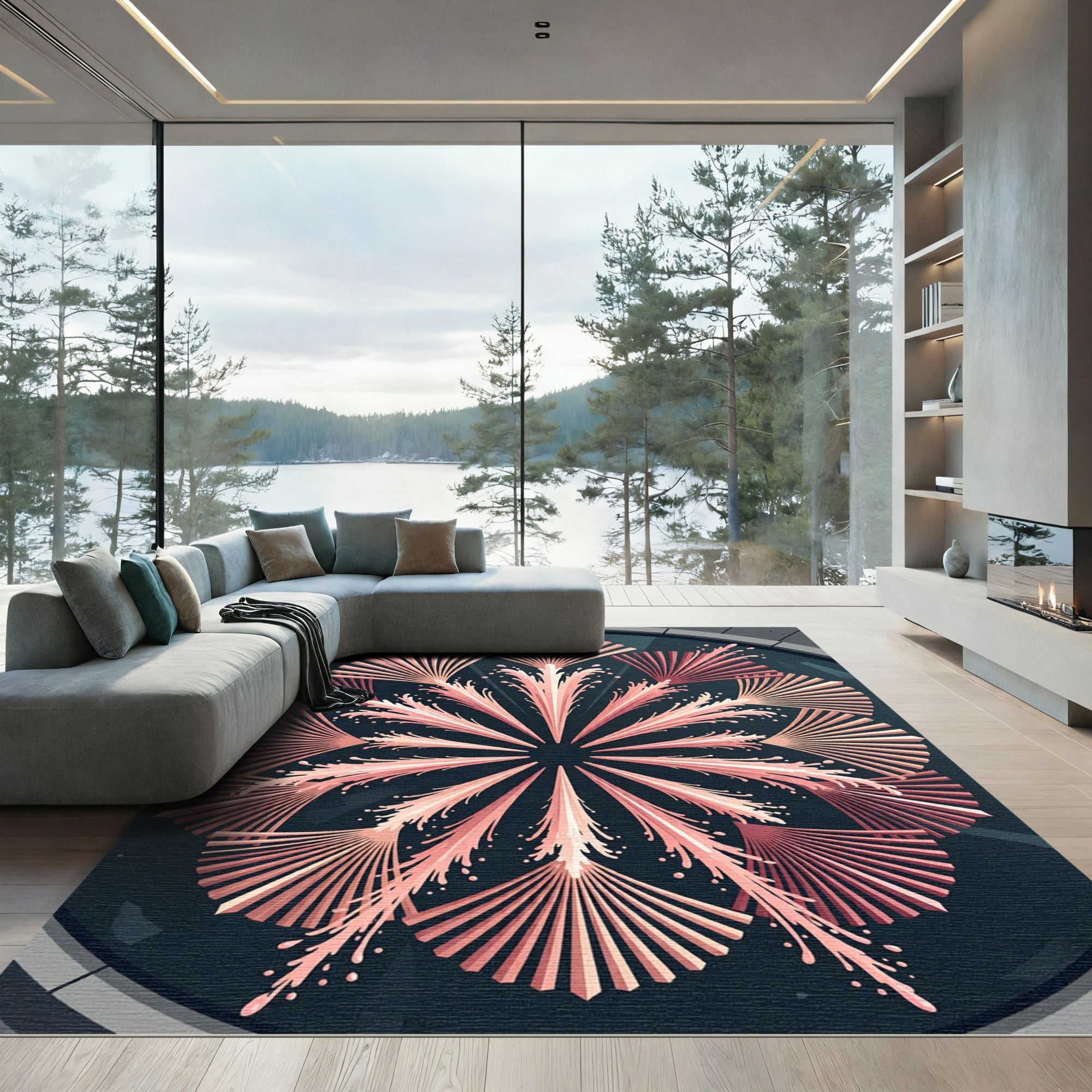 Coral Pink Fanburst Mandala Rug