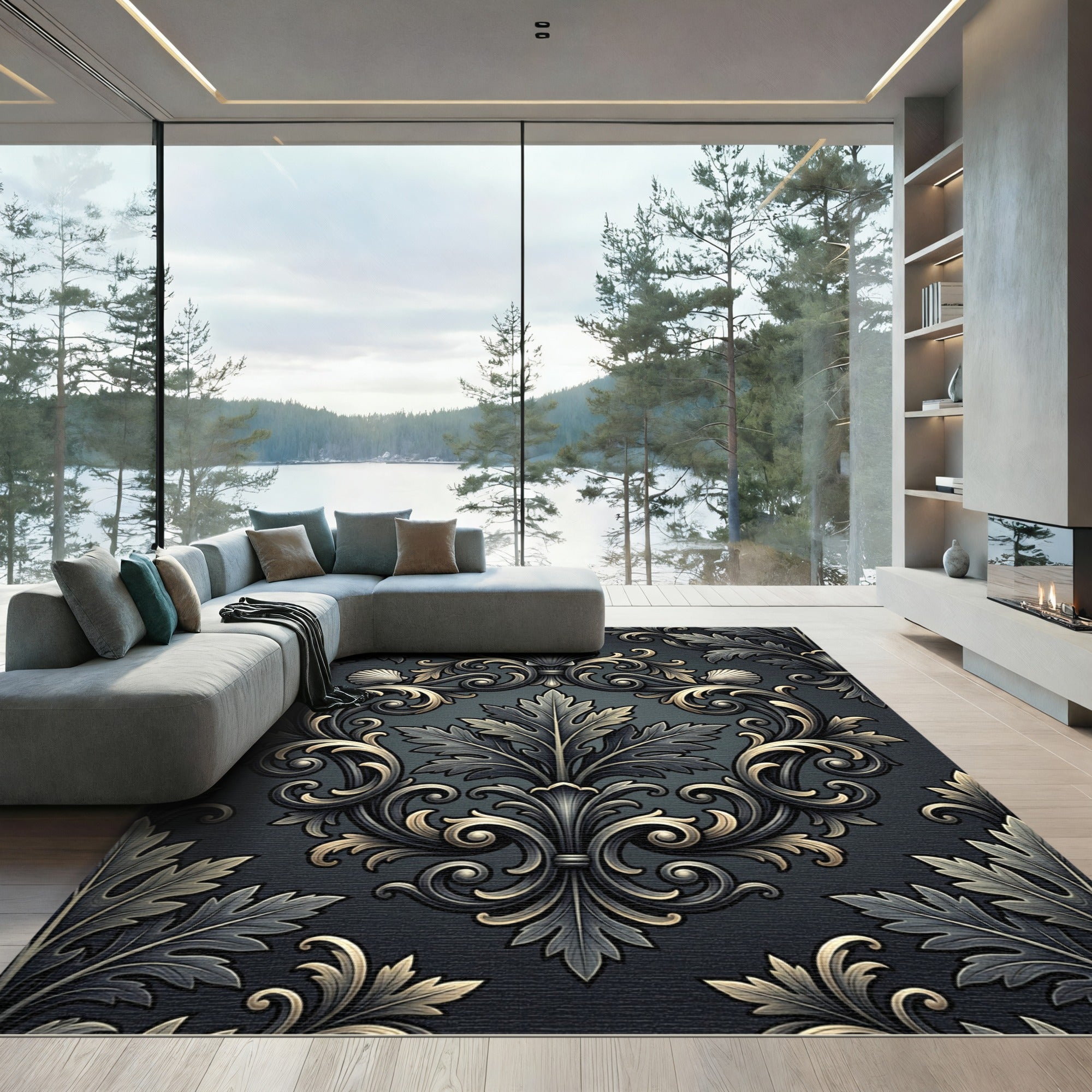 Ornate Dark Floral Shell Swirl Rug