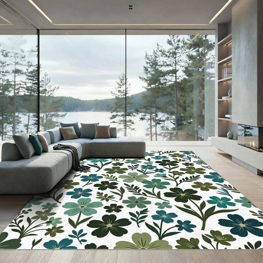 Teal Green Floral Meadow Arrangement Rug