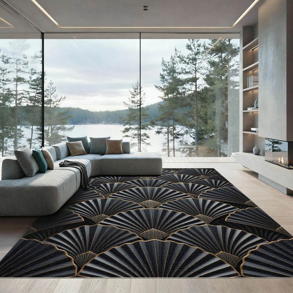 Art Deco Black Gold Fan Medallion Rug