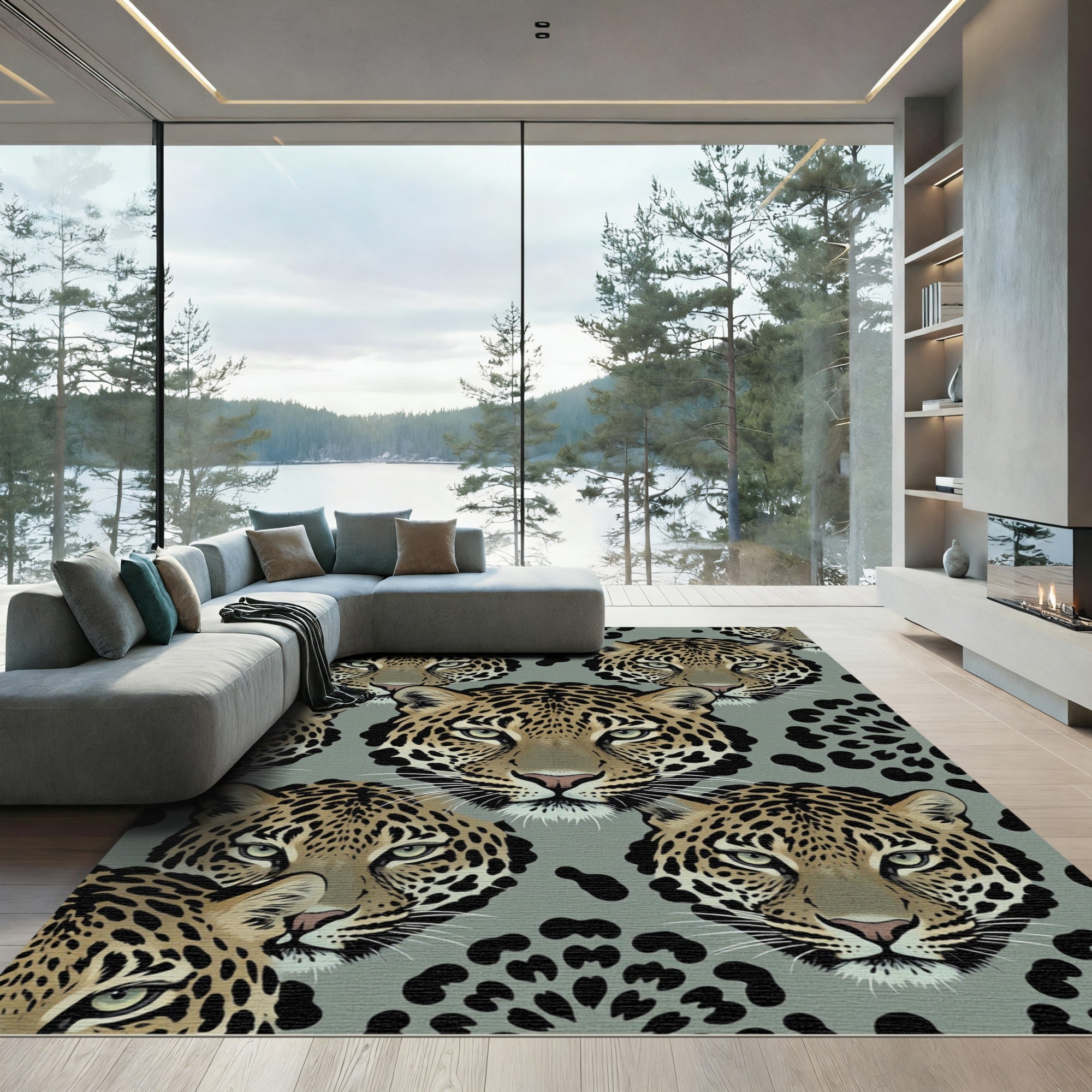 Gray Leopard Face Repeating Collage Rug