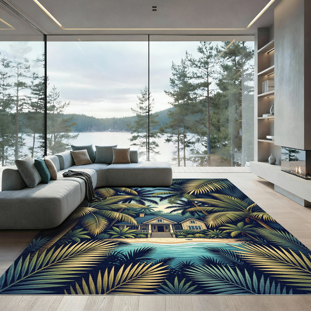 Tropical Palm Frond Beach House View Rug