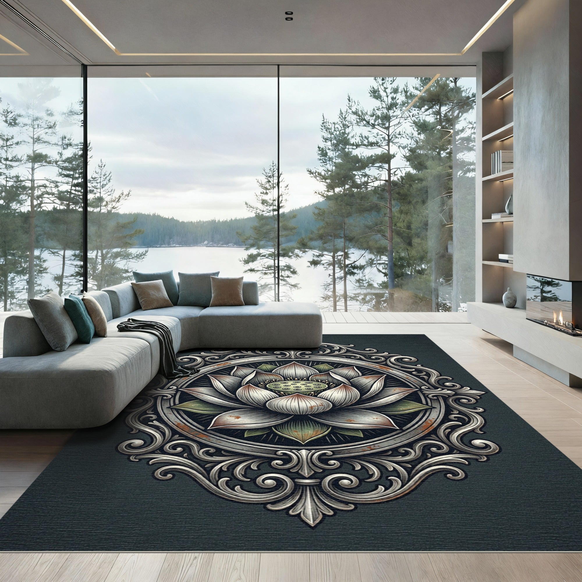 Antique Silver Lotus Medallion Artwork Rug