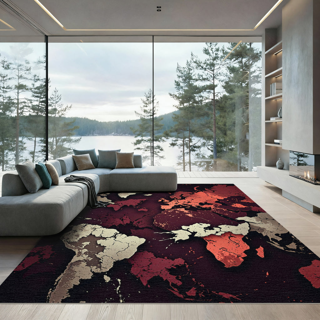 Crimson White World Map Contemporary Rug