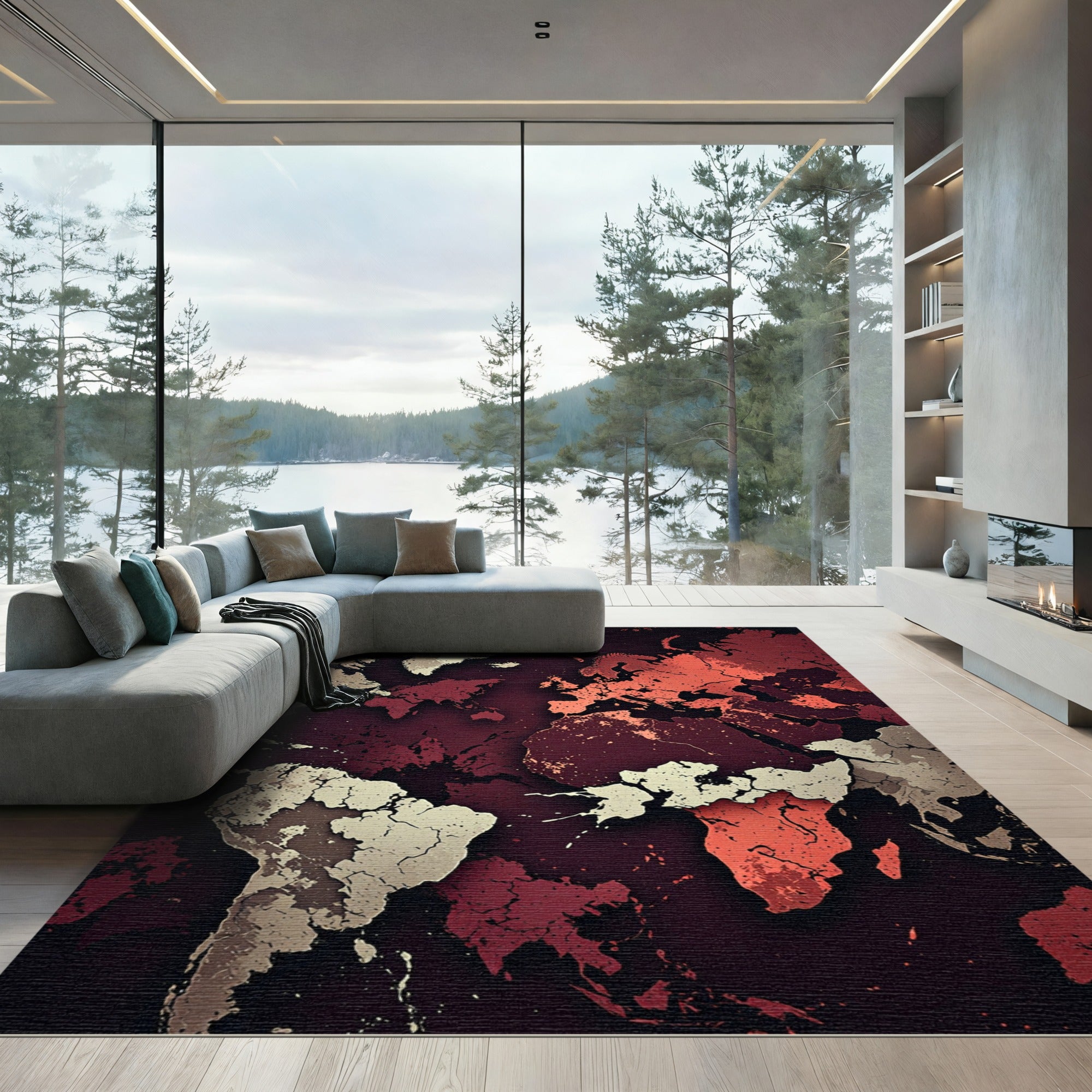 Crimson White World Map Contemporary Rug