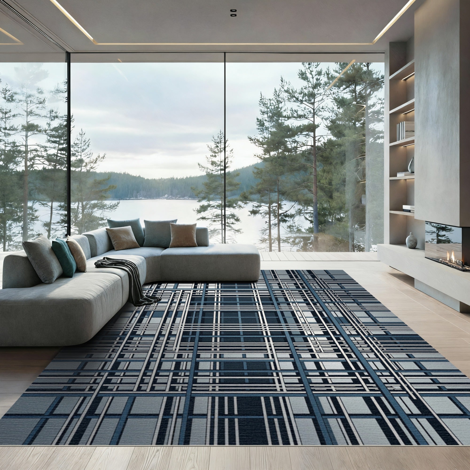 Modern Blue White Geometric Grid Rug