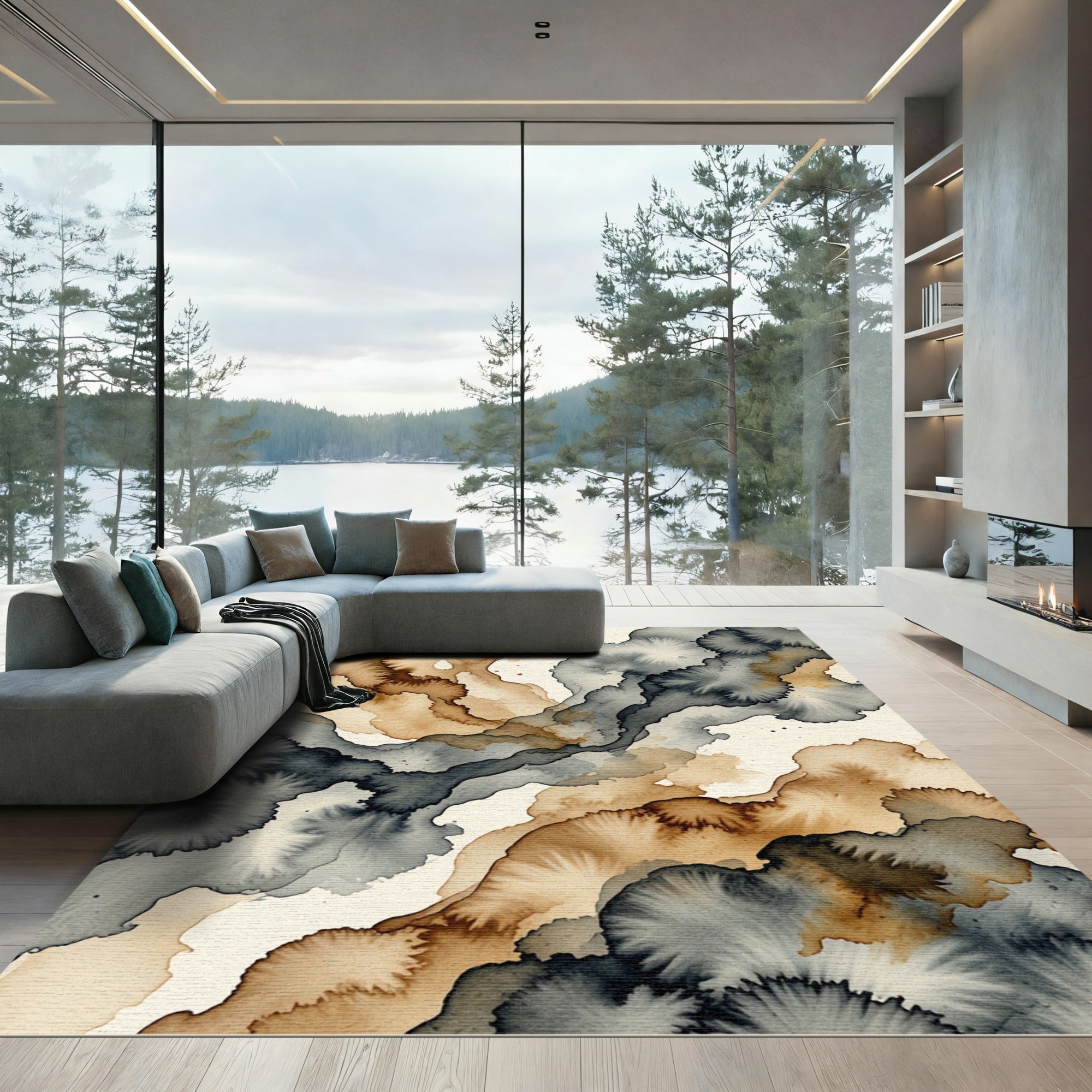 Abstract Ink Wash Gray Ochre Waves Rug