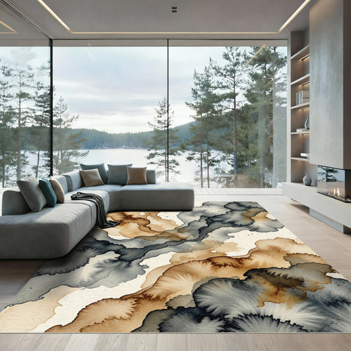Abstract Ink Wash Gray Ochre Waves Rug