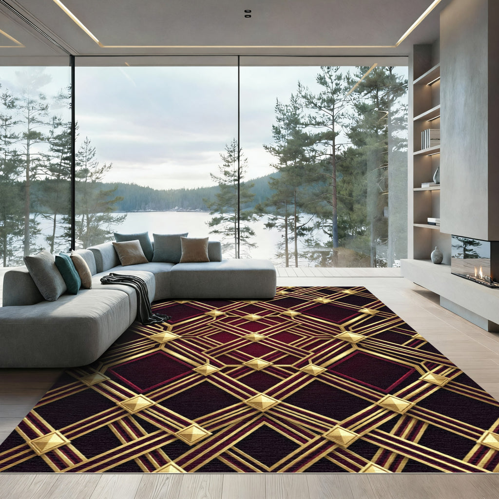 Art Deco Gold Lattice Burgundy Geometric Rug