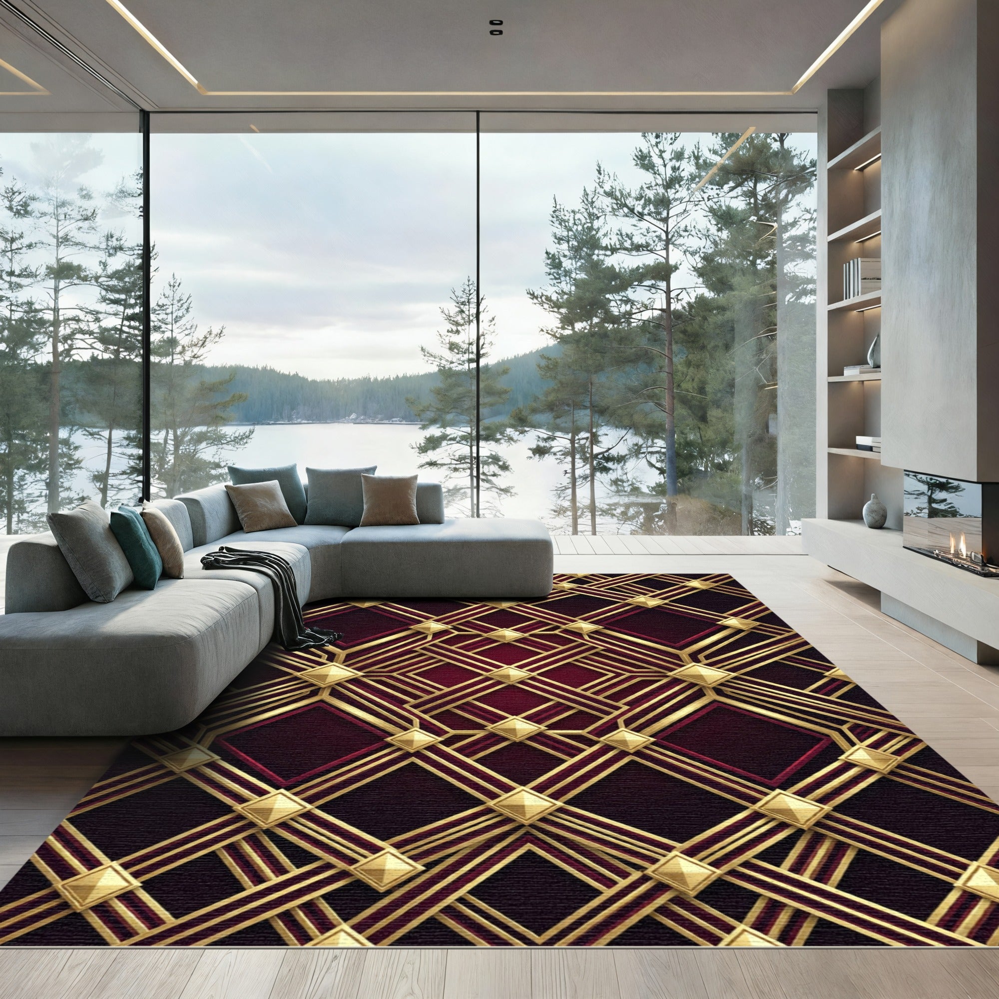 Art Deco Gold Lattice Burgundy Geometric Rug