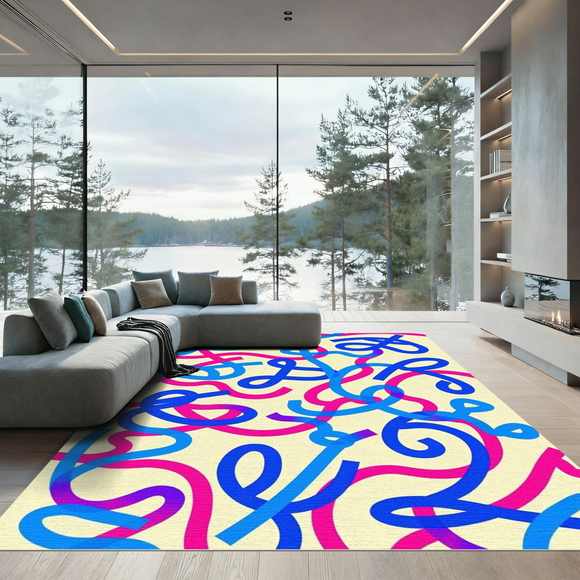 Radiant Pink Blue Curving Lines Rug