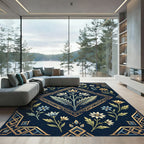 Navy Gold Floral Diamond Medallion Rug