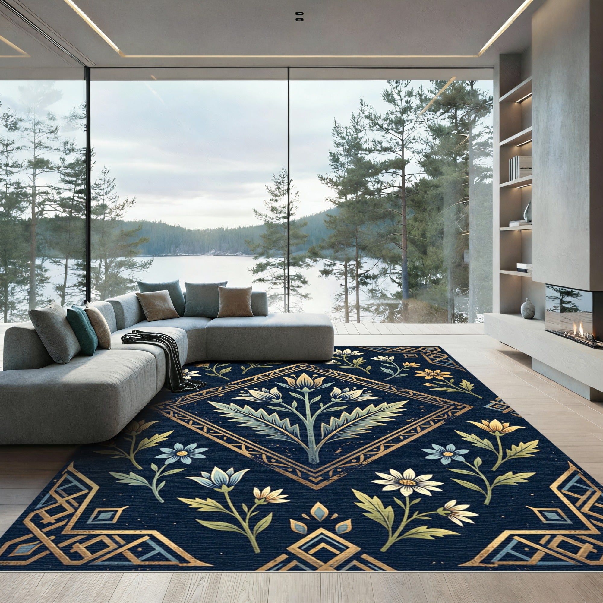 Navy Gold Floral Diamond Medallion Rug