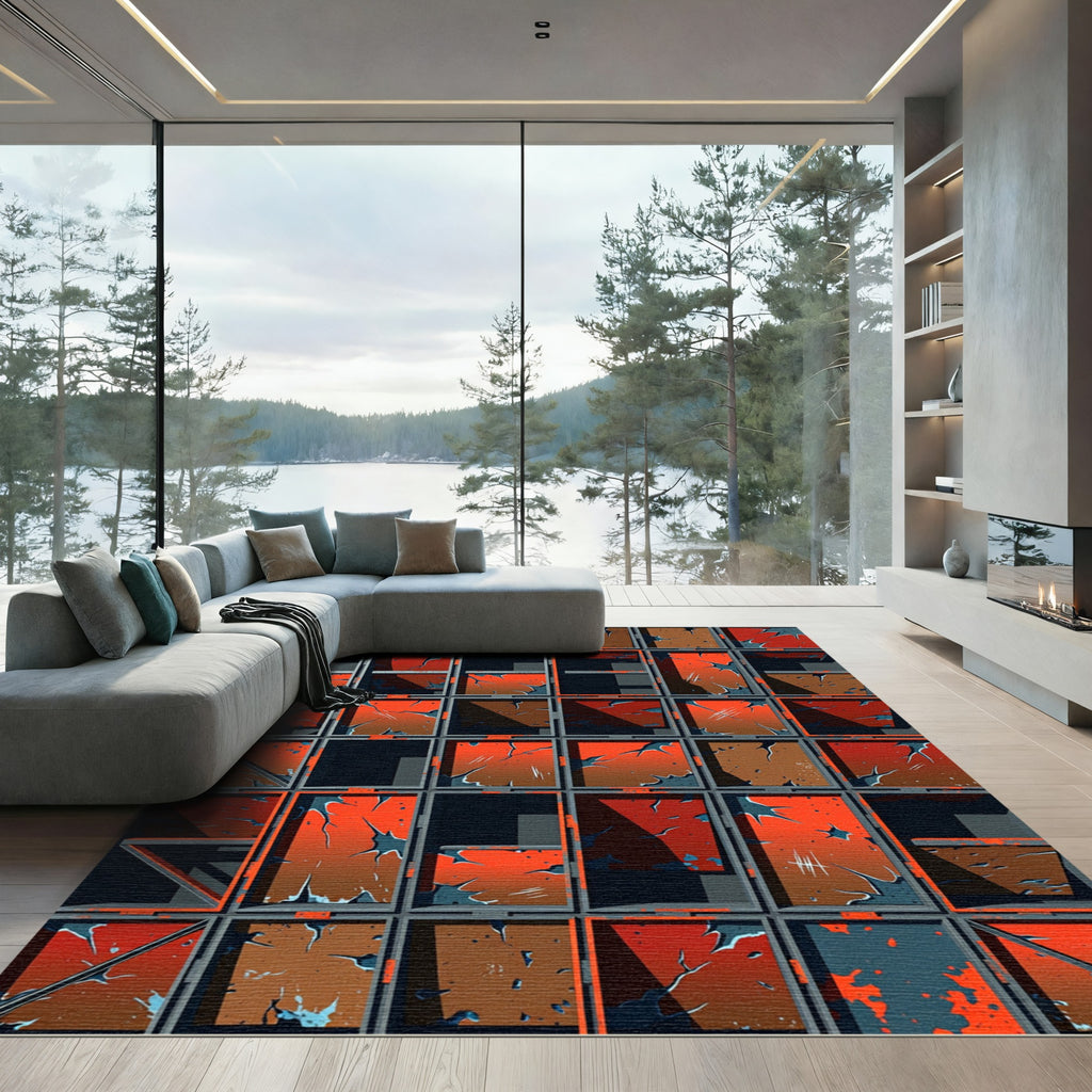 Industrial Orange Cracked Grid Rug