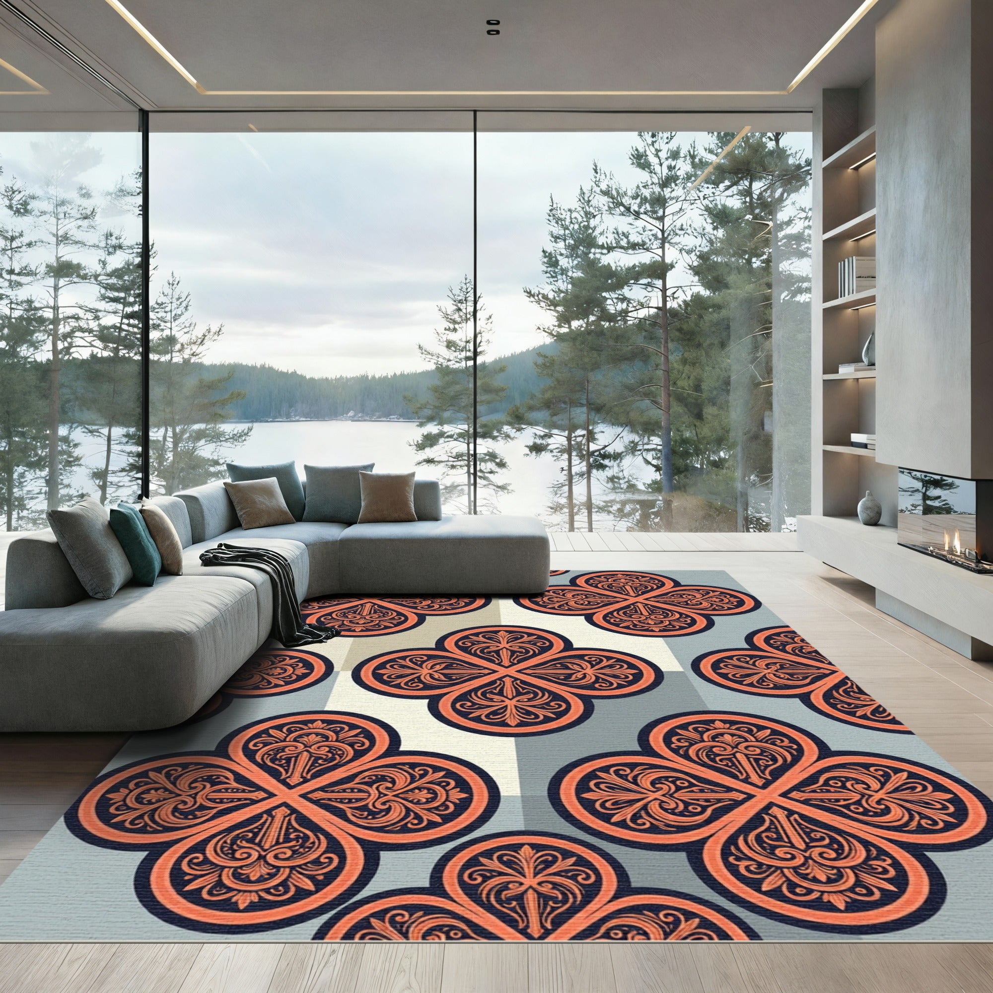 Elegant Terracotta Quatrefoil Geometric Medallion Rug