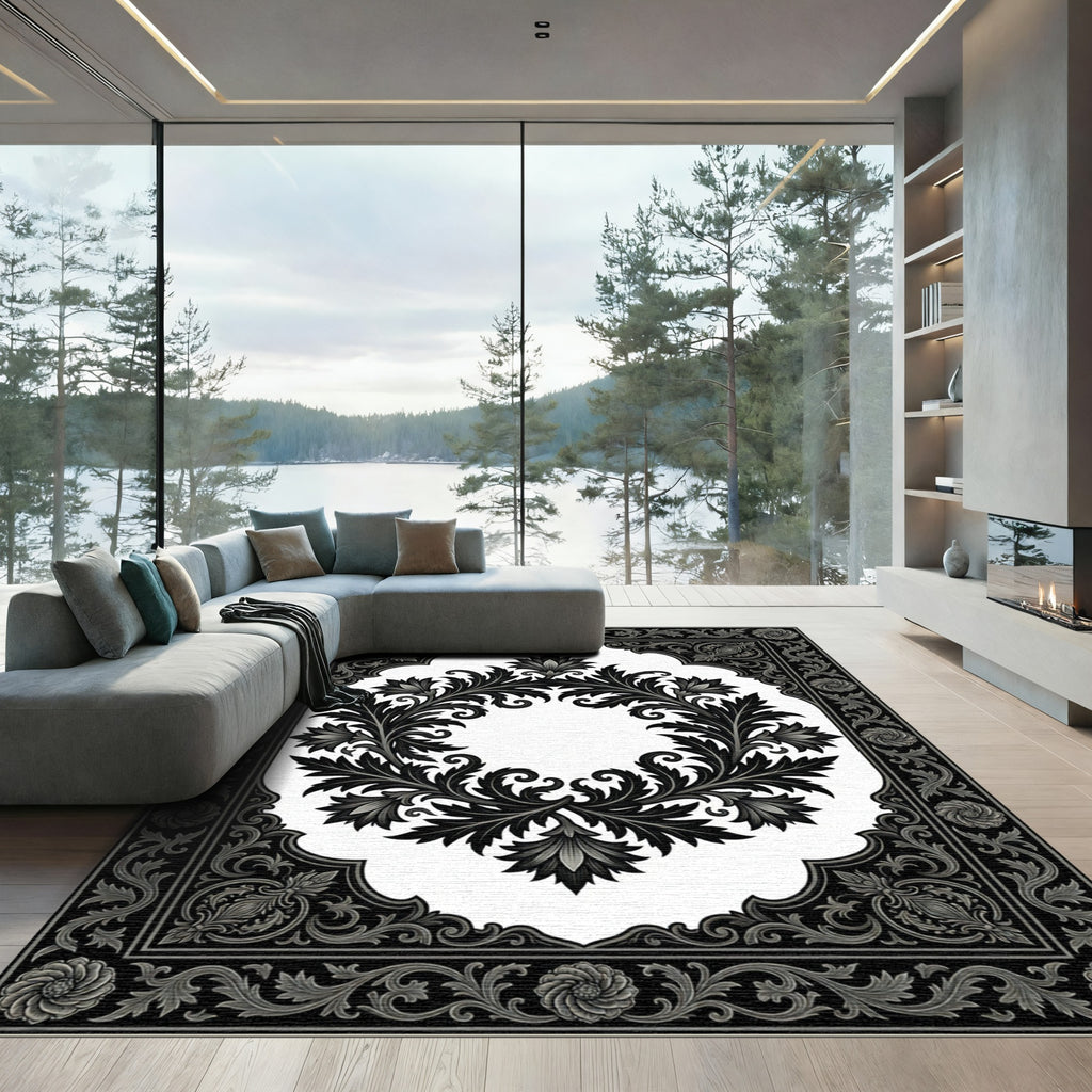 Ornate Black and White Floral Scroll Rug