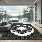 Ornate Black and White Floral Scroll Rug