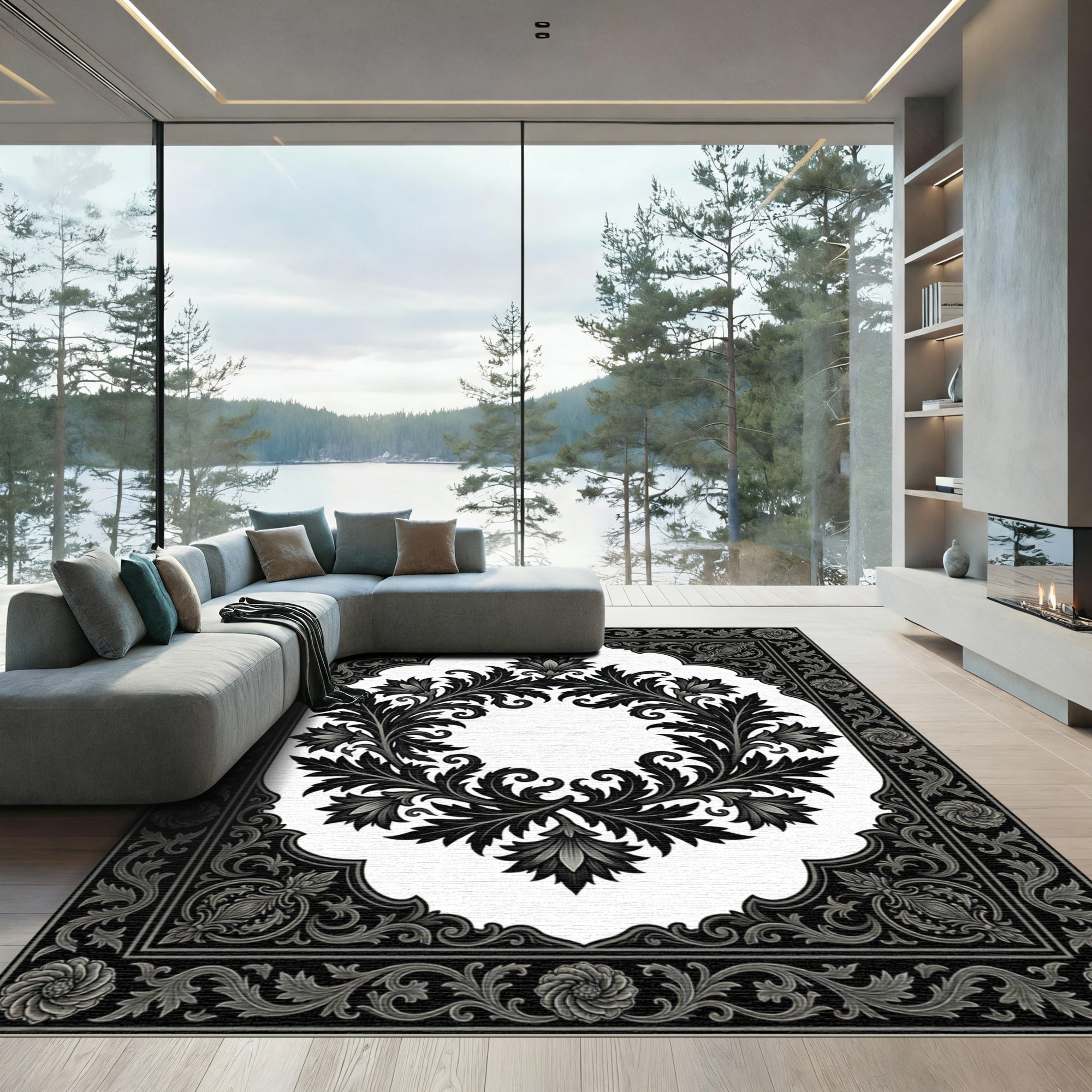 Ornate Black and White Floral Scroll Rug