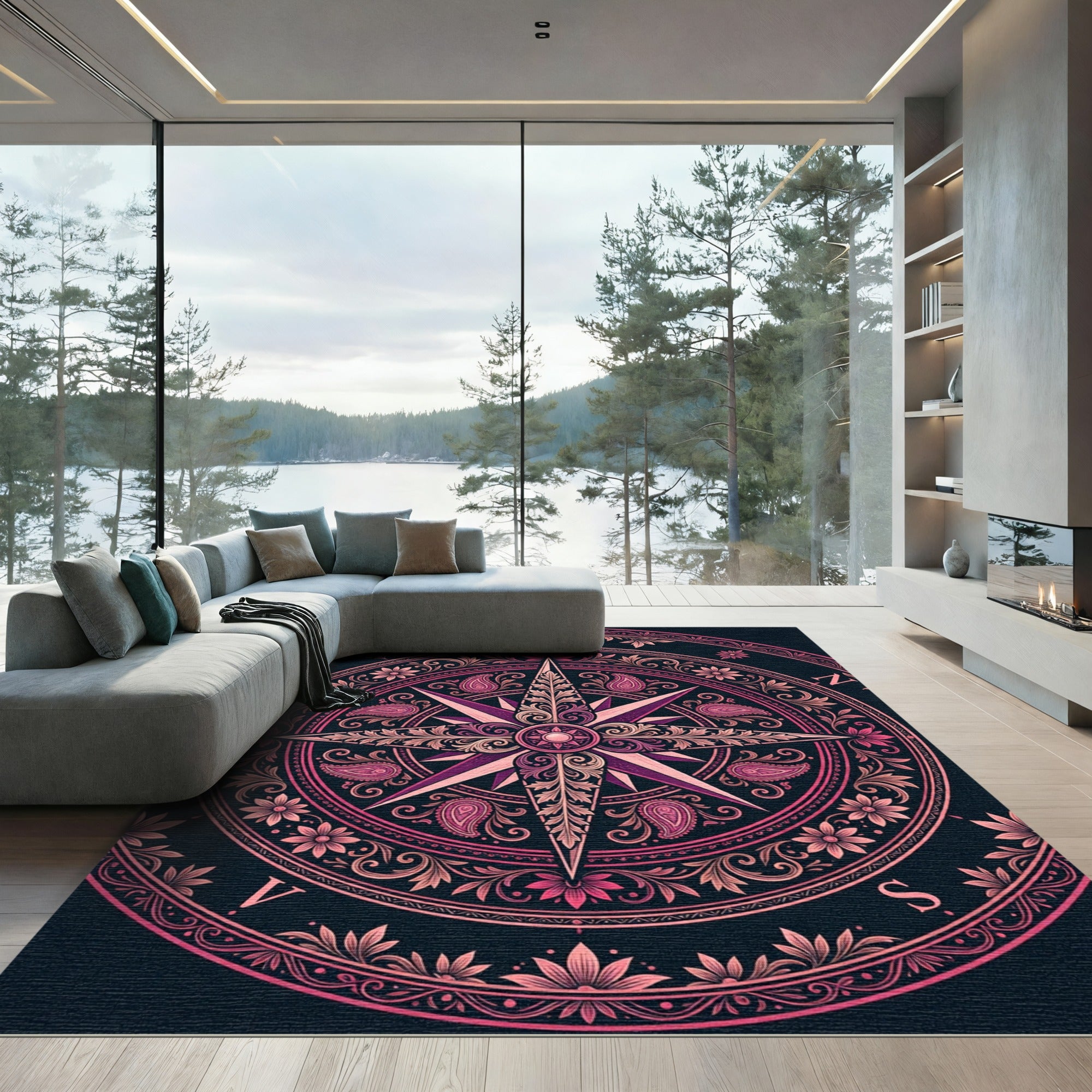 Pink Paisley Compass Rose Medallion Rug