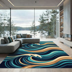 Earthy Blue Swirling Wave Ocean Art Rug