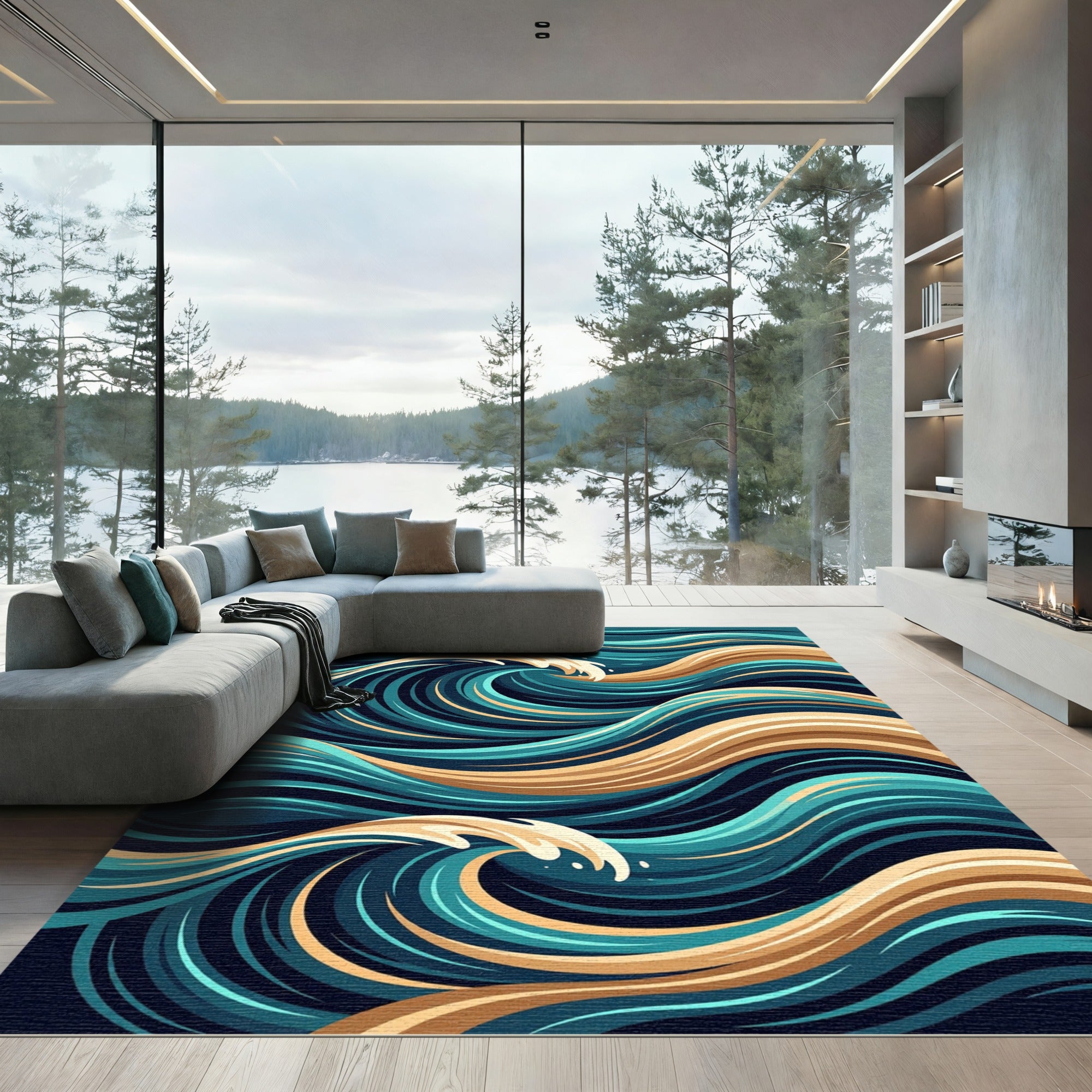 Earthy Blue Swirling Wave Ocean Art Rug