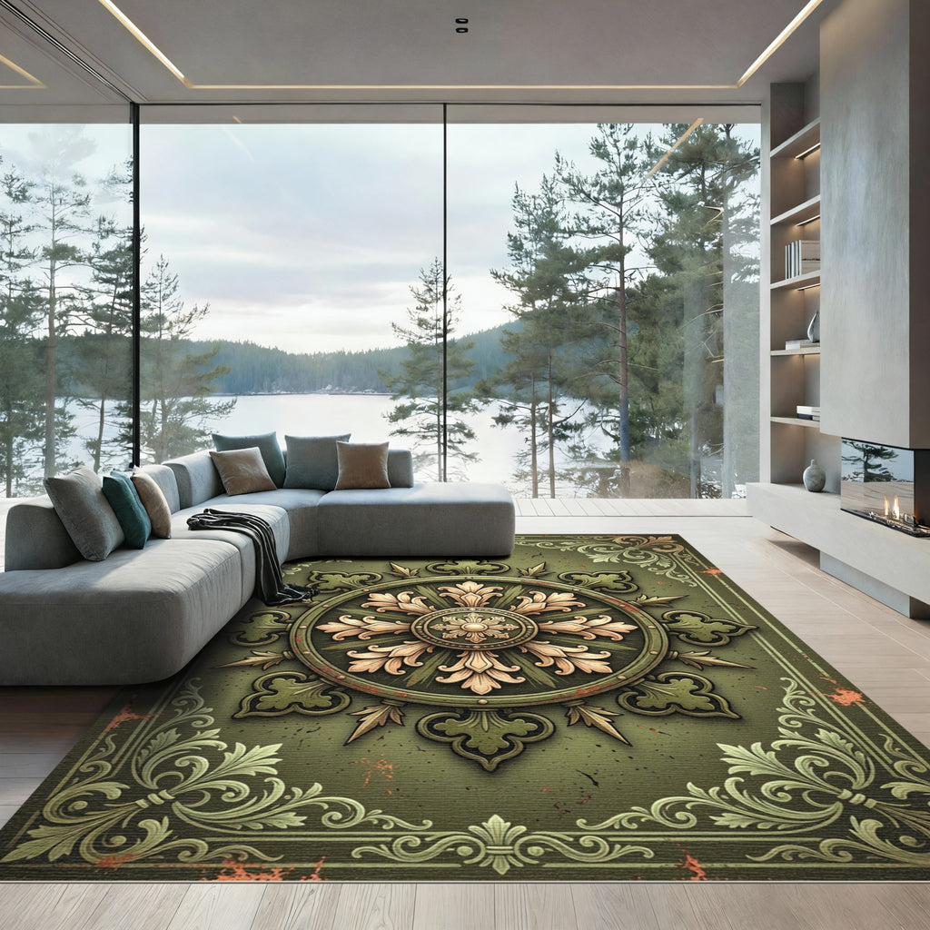 Ornate Sage Green Filigree Medallion Rug