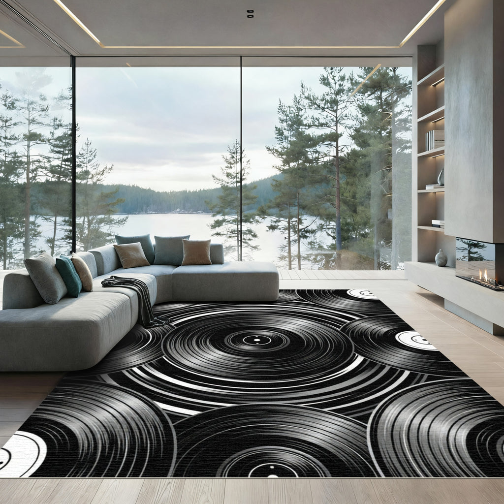 Monochromatic Vinyl Record Radial Arrangement Rug