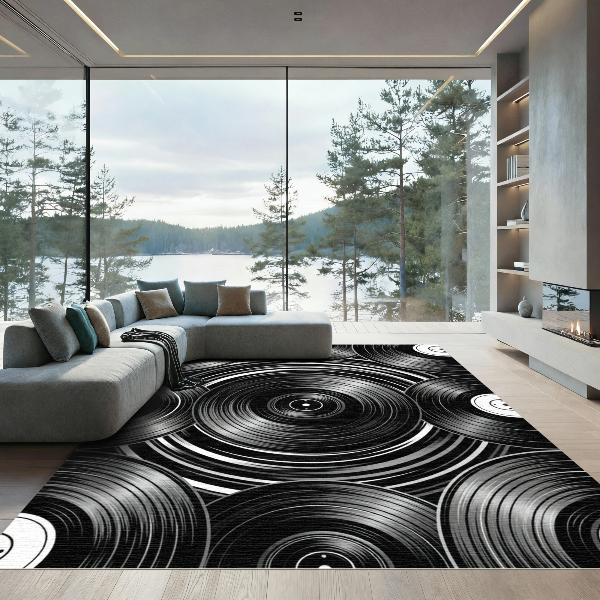 Monochromatic Vinyl Record Radial Arrangement Rug