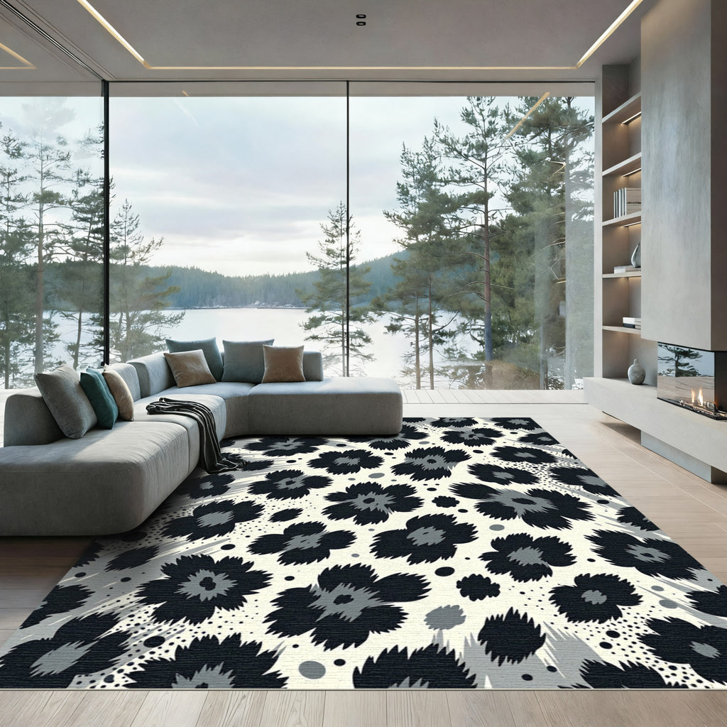 Monochrome Abstract Leopard Floral Rug