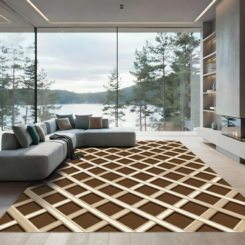 Modern Brown Lattice Geometric Tile Rug