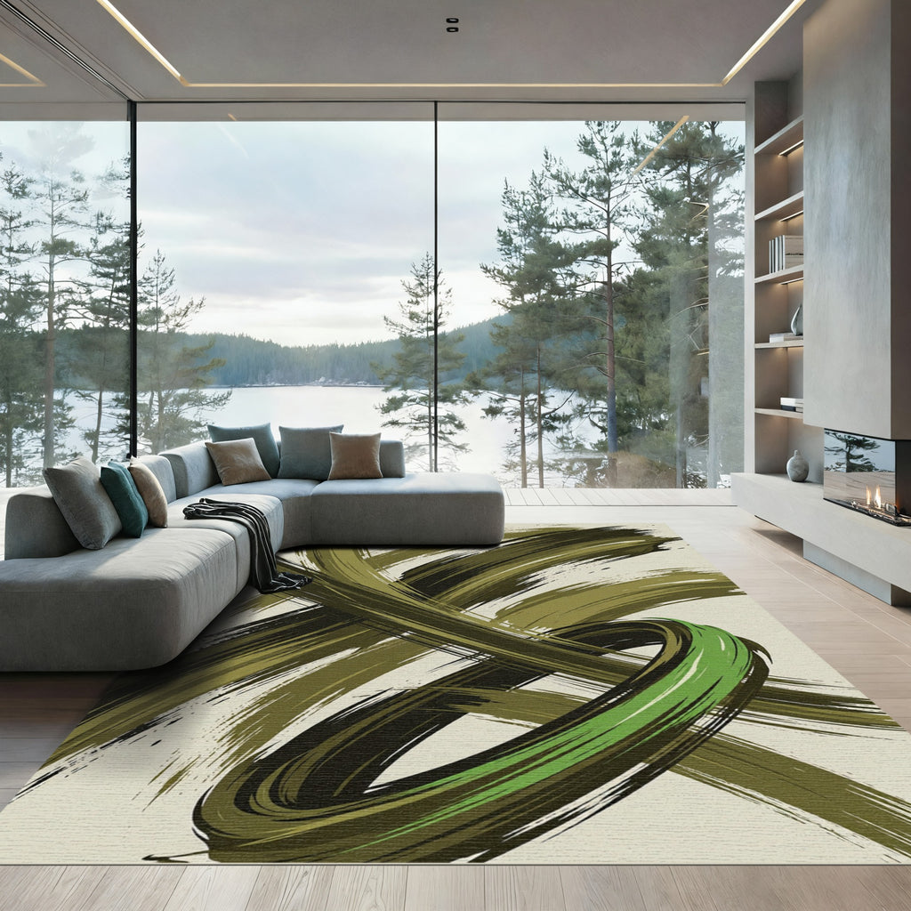 Modern Olive Swirl Abstract Brushstroke Rug