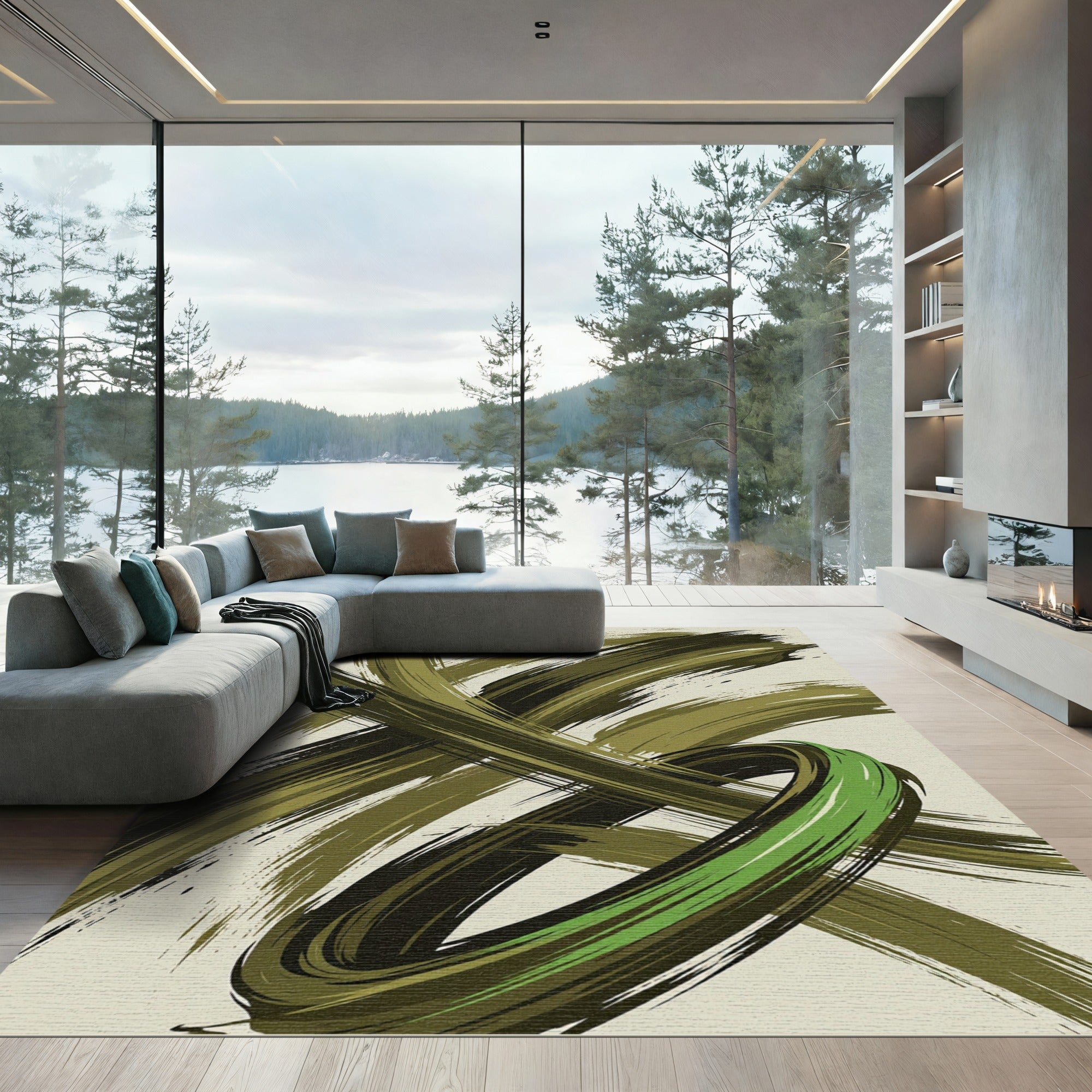 Modern Olive Swirl Abstract Brushstroke Rug