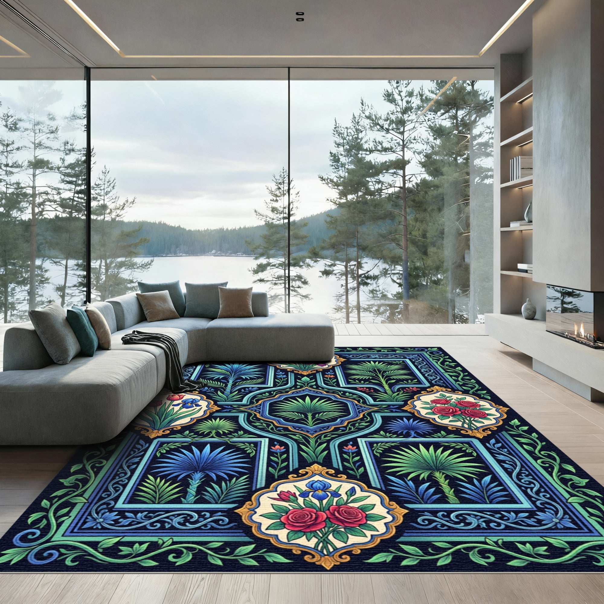 Emerald Blue Floral Garden Frame Rug